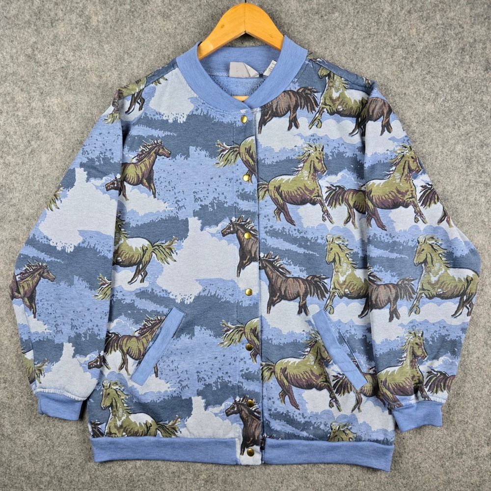 Blair Horse Print Cardigan Sweatwshirt Womens Medium Blue Snap Front Fleece